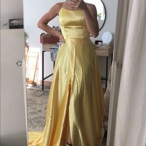Yellow satin prom dress with pockets NWT